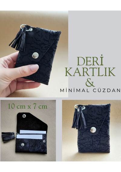 Luna Luster Hakiki Eskitme Deri Kadın Minimal Avuçiçi Tasarım Kartlık & Cüzdan Antrasit Siyah Siyah