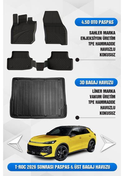 Volkswagen T-roc 2026 Sonrası Uyumlu 4.5d Premium Havuzlu Oto Paspas Ve Liner Ust Bagaj Havuzu