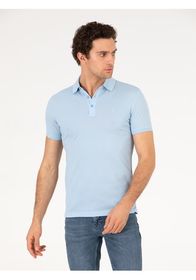 Buz Mavisi Polo Yaka Slim Fit Basic Merserize T-shirt Acık Mavı