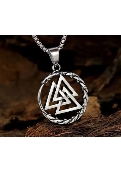 Aslanmaz Çelik Iskandinav Güç Simgesi Valknut Viking Kolye Gümüş