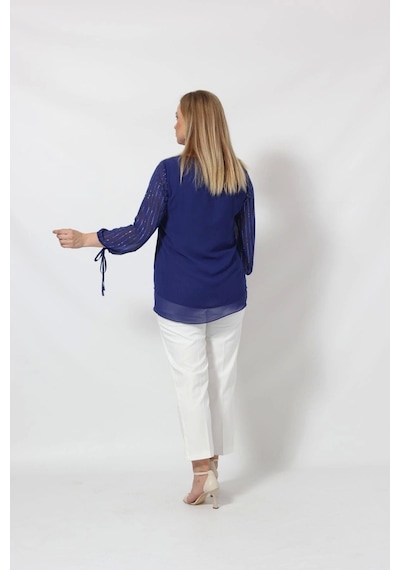Moda Berray 3243 Kolu Taş Baskılı Şık Bluz Saks Saks