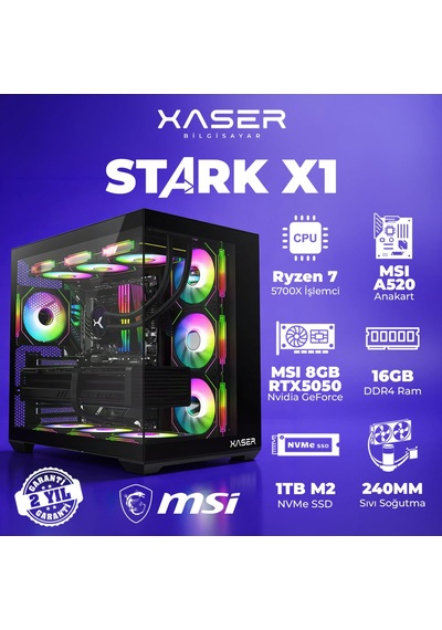 Xaser Stark X1 R7-5700X 16 GB 1 TB M.2 Nvme SSD 8 GB RTX5050 Free Dos Masaüstü Oyuncu Bilgisayarı
