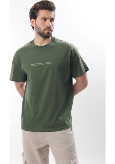 Madmext Haki Bisiklet Yaka Baskılı Erkek T-shirt E7110 Haki