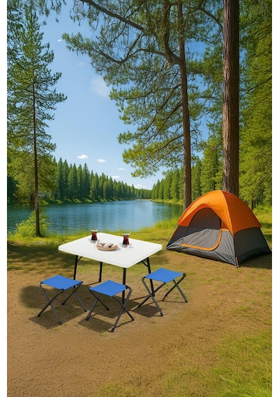 Exent 45x60 Cm Kamp Sehpası + 3 Adet Mavi Tabure Piknik, Bahçe Balkon Sehpası Katlanır Sehpa-b-3m Çok Renkli