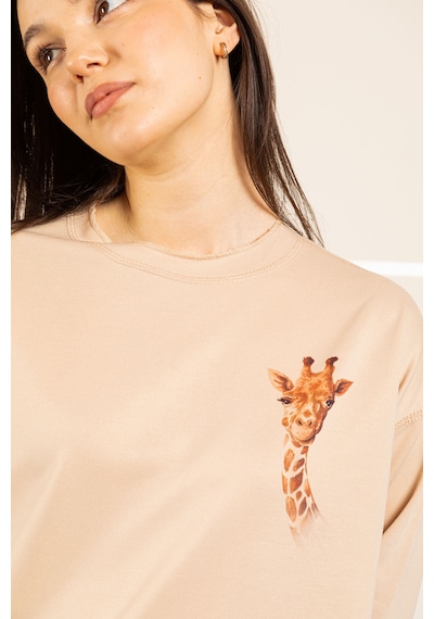 Ters Dikiş Detaylı Figürlü Bisiklet Yaka Sweatshirt Sütlü Kahve