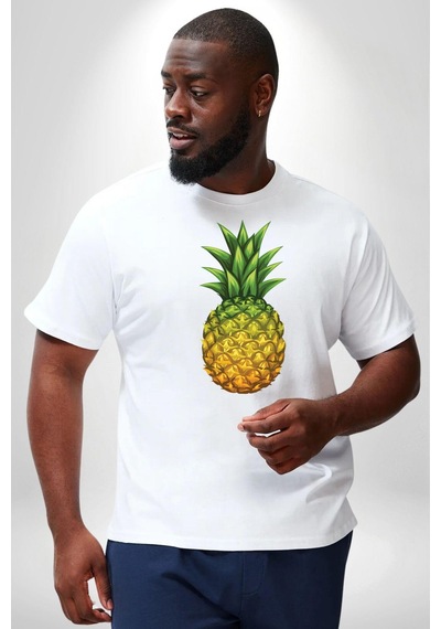 Angemiel Ananas Meyve Beyaz Büyük Beden Kadın Erkek Ünisex Basic Ön Baskılı Tişört Beyaz