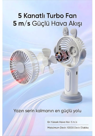 Şarjlı Taşınabilir Sevimli Kulak Tasarımlı Mini Fan 3 Kademeli Hız Telefon Standlı Vantilatör Gri