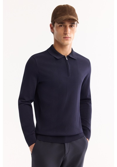 Avva Erkek Lacivert Polo Yaka Fermuarlı Rayon Tüylenmeyen Dokulu Triko Regular Fit Kazak A52y5019