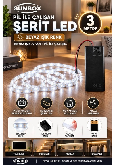 Pilli Led Şerit 3 Metre Beyaz Işık Butonlu- Yapışkanlı Kablosuz Dekoratif Aydınlatma - Pil Hediyedir Beyaz Beyaz