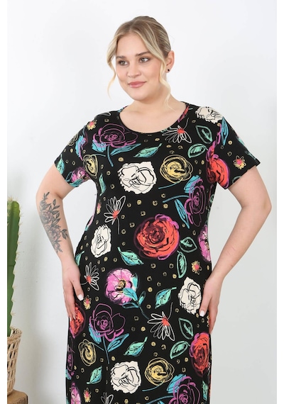 Mooi Xxl Kadın Siyah Çok Renkli Çiçek Desen Midi Elbise Siyah