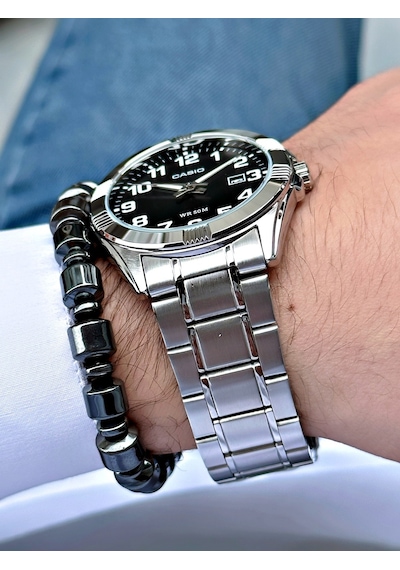 Casio Gümüş Renk Siyah Kadran Bronz İndeks   Çelik Kordon Erkek Kol Saati + Bileklik Hediyeli Nda100
