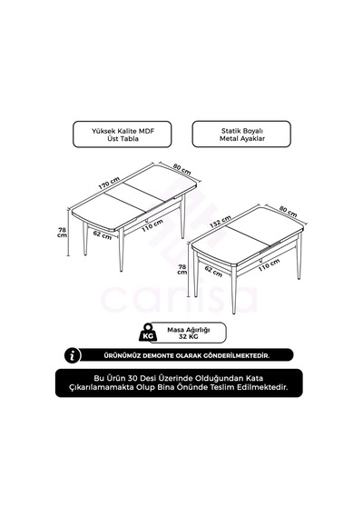 Canisa Concept Zen Serisi 80x132 Açılabilir Mdf Barok Ahşap Desen Mutfak Masası Barok