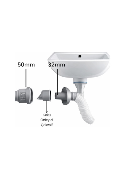 Lavabo Koku Giderici Çek Valfli Gider Adaptörü Ø50 Conta Evye Koku Ve Böcek Önleyici Sistem