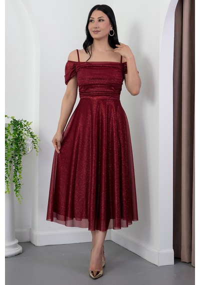 Kalopya Kare Yaka Askılı Simli Tül Elbise 39976 Bordo