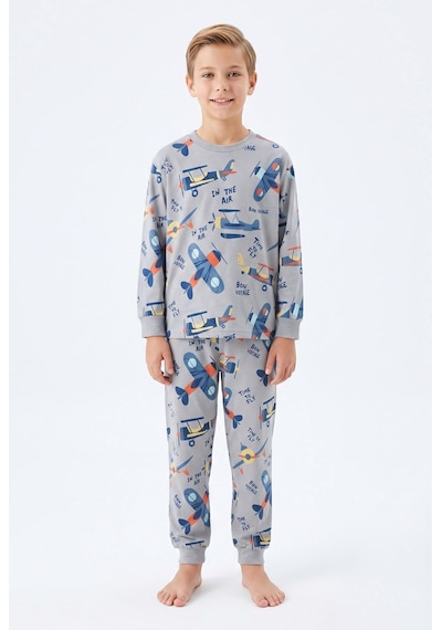 Bunny Hopp Erkek Çocuk Uzun Kollu Pijama Takımı %100 Pamuk Vintage Uçak Desenli Penye Gri