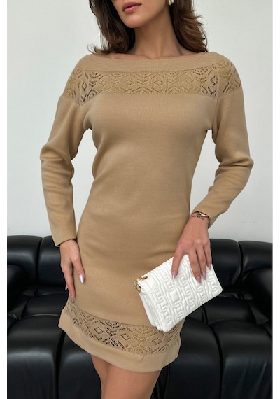 Aqe Fashion Kadın Kayık Yaka Yakası Dantel Detaylı Mint Triko Elbise Camel