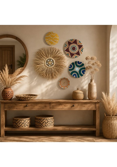 Momiko 5li Bohem El Yapımı Hasır Duvar Tabağı Seti - Etnik Set Boho -