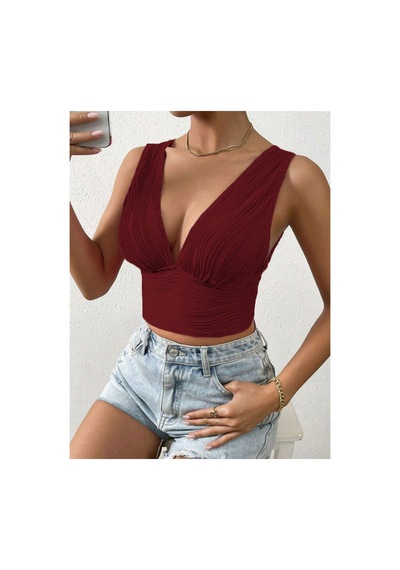Meren Like Your Syle Bordo Derin Yaka Kısa Üst Crop Bordo