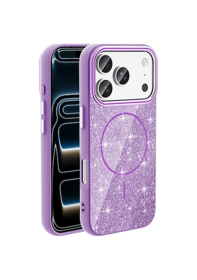Subutu Apple Uyumlu iPhone 17 Pro Kılıf M-safe Şarj Özellikli Parlayan Simli Sbt Okso Kapak - Derin Mor Mor