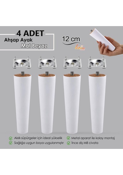 4 Adet Ahşap Ayak 12 Cm Beyaz M8 Civatalı Bağlantı Aparatlı Dolap Mobilya Koltuk Kanepe Destek Ayağı Ayakları Beyaz