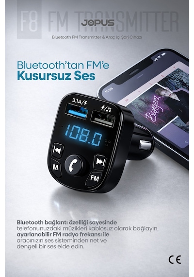 Jopus Bluetooth FM Transmitter Kablosuz Araç İçi Kiti Çakmaklık Şarj Aleti Oto MP3 Çalar USB Araç Müzik Ad