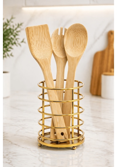 Gold Metal Kaşıklık Tezgah Üstü Kaşık Standı, Mutfak Organizer, Ayaklı Kaşık Tutucu Altın