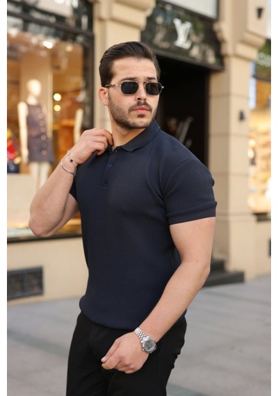 Efnaz Style Erkek Düğmeli Yaka Kısa Kollu Triko Tişört Lacivert