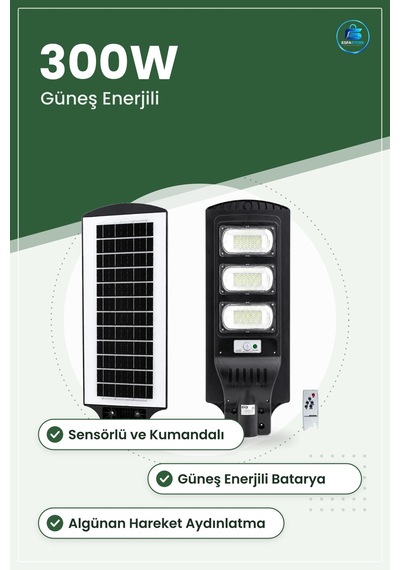 Solar Sokak Lambaı 300w 6500k Sensörlü Kumandalı Güneş Enerjili B