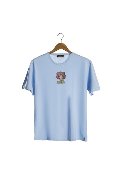 Kadın Açık Mavi Bisiklet Yaka Önü Anime Kızı Baskılı Oversize T-shirt Açıkmavi