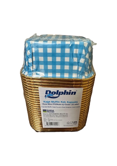 Dolphin Muffin Kare Kağıt Mavi Puantiyeli Altın Cupcake Kek Kalıbı Kapsülü Kabı - 25 Adetlik 1 Paket Renkli