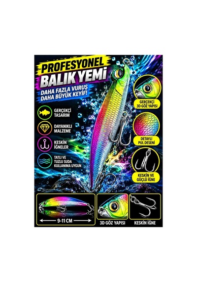 9 11 Cm At Çek Balık Avı Yemi Gökkuşağı Çok Renkli 3d Gözlü Keskin Üçlü Iğneli