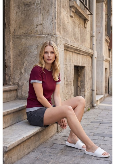 Bordo Bisiklet Yaka Çift Renkli Basic Tişört Mg2682 Bordo