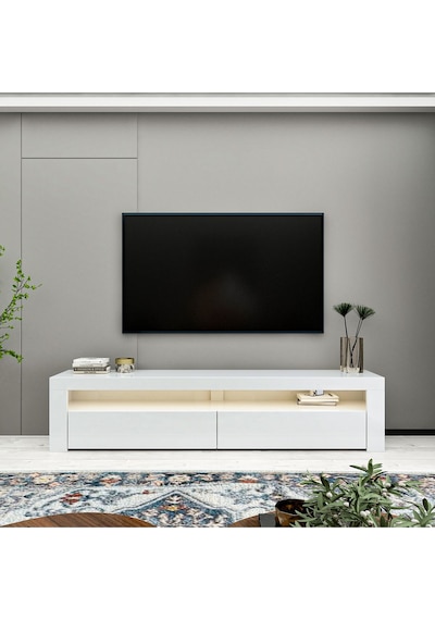 Batı LED Işıklı 2 Kapaklı TV Sehpası – 150 cm – Minimal Tasarım, Parlak Beyaz Batı LED Işıklı 2 Kapaklı TV Sehpası – 150 cm – Minimal Tasarım, Parlak Beyaz