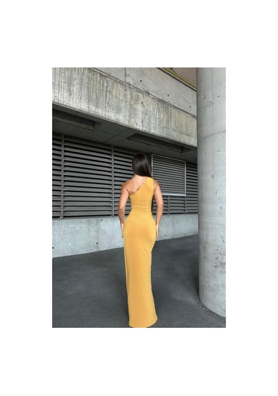 Lior Design Kadın Trend Model Sandy Kumaş Tek Omuz Balık Kesim Abiye Elbise Sarı
