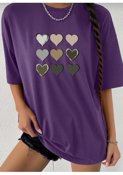 Kozia Outdoors Malkoçbey Kalp Baskılı Oversize Unisex Basic T-şhirt Mor Mor