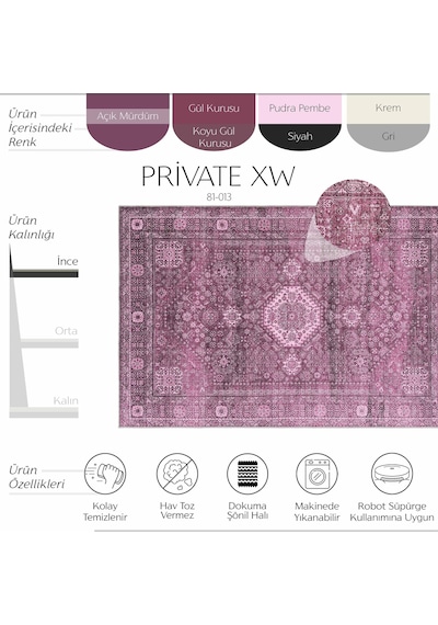 Cool Halı Private Xw Mürdüm Pembe Yıkanabilir Elegant Vintage Kaydırmaz Şönil Şık Saray Salon Halısı