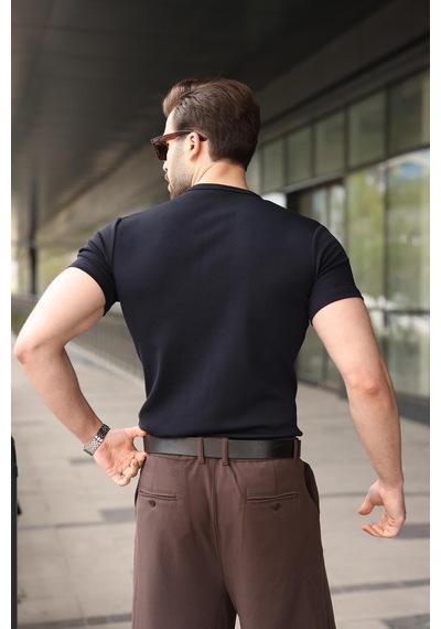 Madmext Lacivert Yarım Düğmeli Slim Fit Erkek Tişört E7186