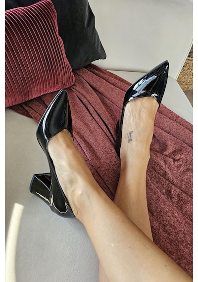 10 1817 Topukla Kadın Kalın Topuklu Stiletto Ayakkabı Siyah Rugan
