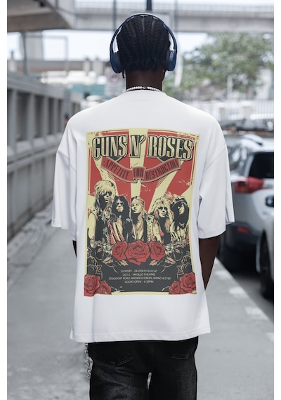 Tasarım Guns N' Roses Sırt Baskılı Unisex Oversize Rock Metal Müz Beyaz
