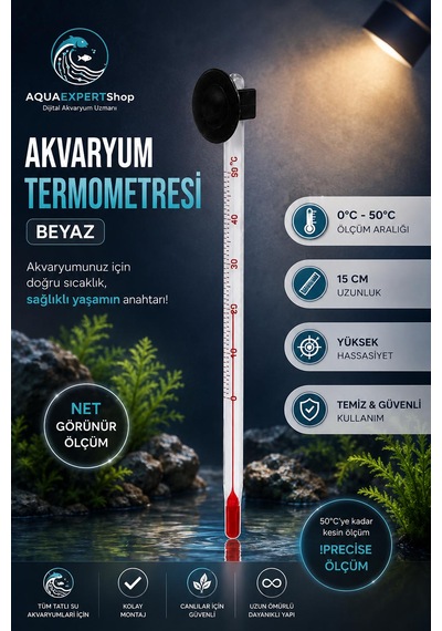Akvaryum Termometre - Beyaz - Hassas Ölçüm - Cam Termometre - 0/50 Derece Arası Ölçüm - Net Görünür - Güçlü Vantuz
