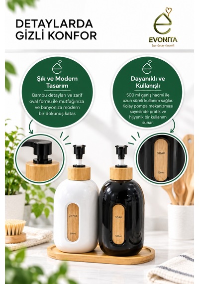 Evonıta 2 Li 500 Ml Bambu Detaylı Sıvı Sabunluk Ve Deterjanlık Seti Siyah Beyaz Pompalı Dispenser Bambu Standlı Beyaz - Siyah