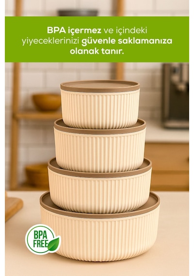 Vienev 4'lü Yuvarlak Saklama Kabı Seti Çizgili Bej 2.5l 1.5l 0.80l 0.45l Mikrodalga Ve Dondurucu Uyumlu Bej