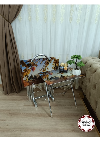Evko Mobilya Çanta Zigon Sehpa, 4'lü Sehpa, Zigon Sehpa, Servis Sehpası, Camlı Sehpa, Katlanır Sehpa Yeni Kapadokyaa Açık Kahverengi