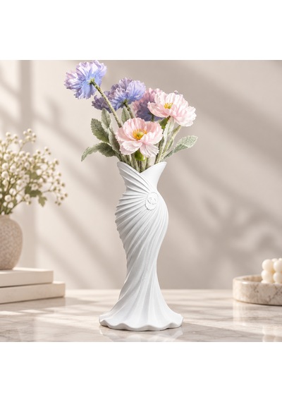 Gelinlik Esintili Beyaz Spiral Dekoratif Vazo Modern Minimalist Ev Aksesuarı