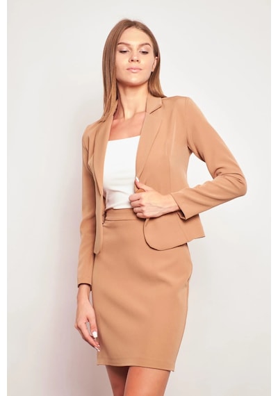 Yakalı Flato Cepli Uzun Kol Pamuklu Kumaş Kısa Blazer Ofis Ceket-camel CAMEL