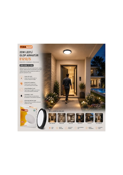 20w Siyah Metal Kasa Sıva Üstü Yuvarlak Ledli Glop Armatür Ip20 6500k - 1800lm E1212/s 5671 Diğer