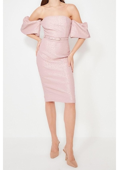 Ersefa Moda Fit Mezuniyet Balo Jakar Dokuma Carmen Yaka Kısa Kol Bodycon Pembe