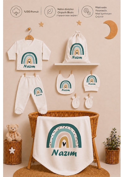 Pia Baby Erkek Bebek Hastane Çıkışı Hediye Seti 8 Parça Zıbın Set %100 Pamuk Battaniye Yastık Ve Kese 1092zybkyx Ekru