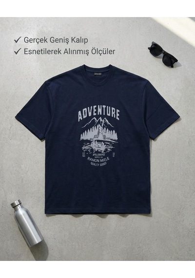 Büyük Beden Bisiklet Yaka Baskılı Erkek Tshirt Lacivert Büyük Beden Bisiklet Yaka Baskılı Erkek Tshirt Lacivert