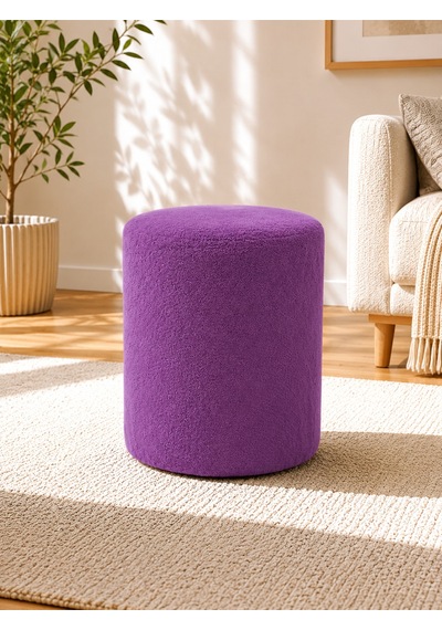 Lila Welsoft Kumaş Puf 40x45 Cm Yuvarlak Puf Dekoratif Oturma Pufu Yumuşak Dokulu Modern Puf